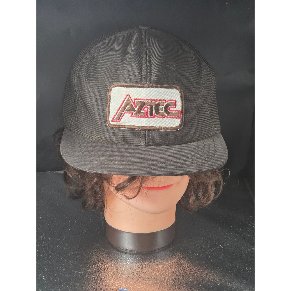 Vintage Aztec Trucker Hat Men L Made in USA Black Ribbed Knit Patch Snapback Cap